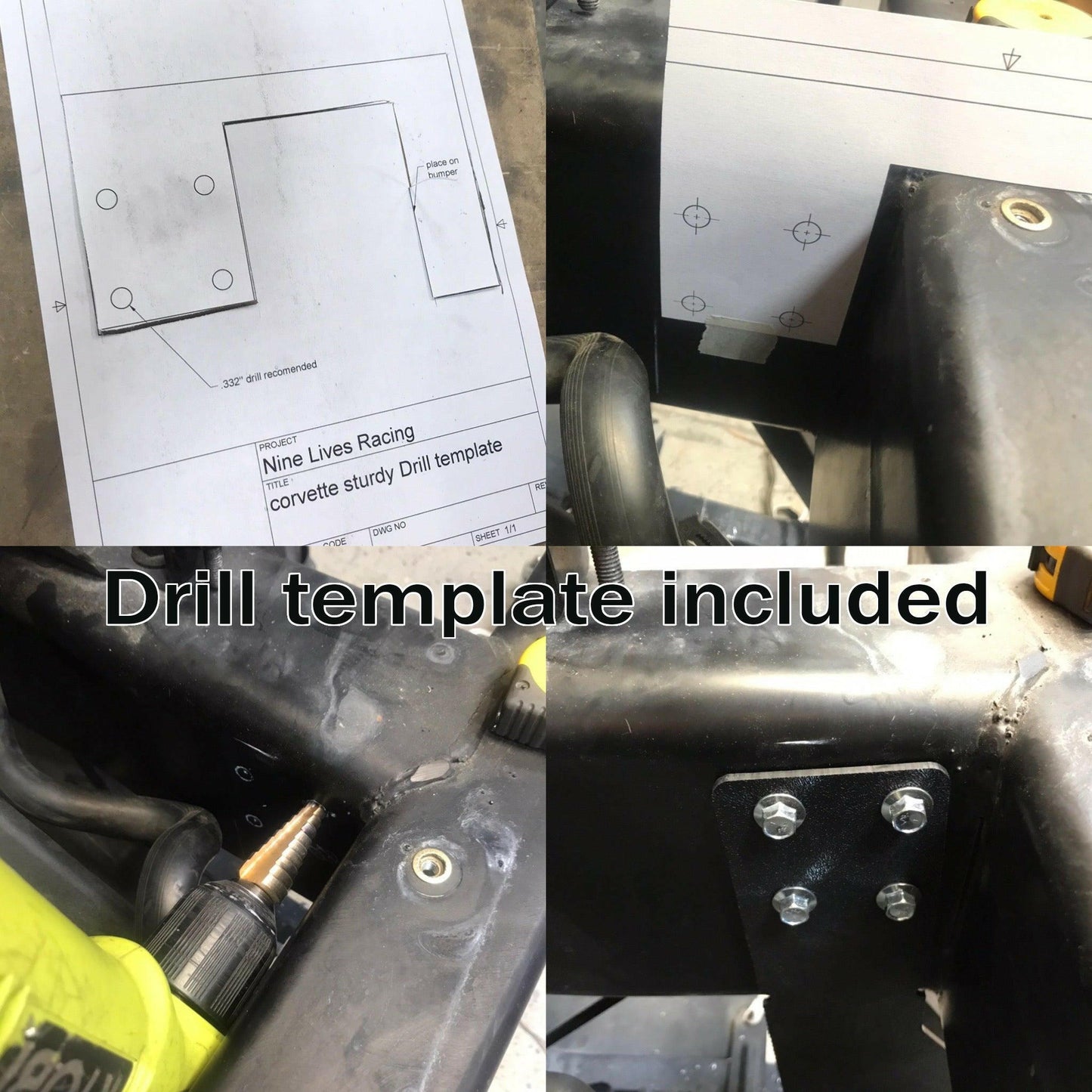 Collage of four images: Top left shows a drill template diagram, top right shows the template positioned on a metal frame, bottom left shows a drill creating holes in the frame, and bottom right shows Corvette Sturdy Boii Splitter Mounts ‘97-04 C5 joined with bolts. Text in the middle reads "Drill template included. Brand: 9livesracing.