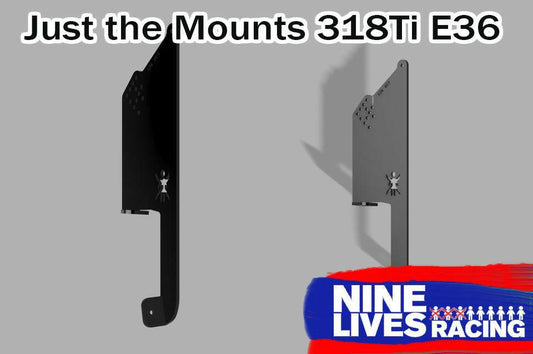 Two black metal BMW mounts labeled "318Ti Mounts ’90-00 E36 - Pylons Only" are displayed against a grey background. The "9livesracing" logo with text in blue, white, and red is positioned in the lower right corner, signifying quality and precision of their aluminum mount kit.