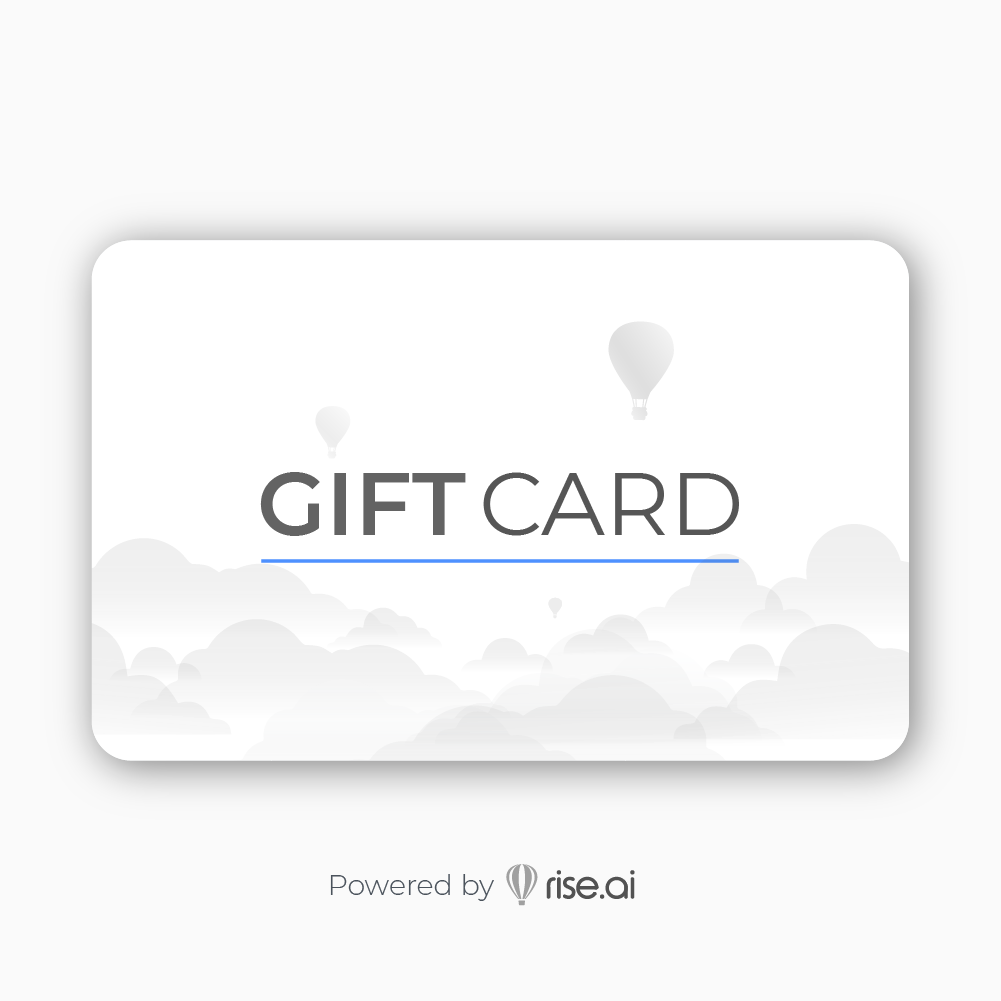 An elegant Gift card designed by Rise.ai features "GIFT CARD" in bold, centered text, with several hot air balloons floating above fluffy clouds in the background. The card, highlighting no processing fees, also displays "Powered by rise.ai" at the bottom. The overall theme is light and airy.