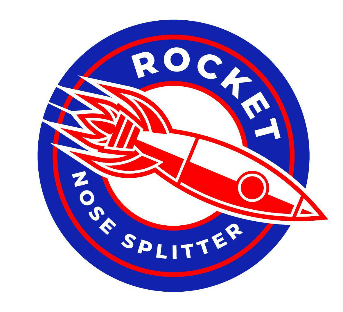 A circular logo features a blue outer ring and white inner background, with the text "370z Rocket Nose v2 Splitter ’08-20 Z34" encircling a red and white stylized rocket. The rocket, detailed in red with blue and white accents for optimal downforce, flies to the left under the brand name "9livesracing.