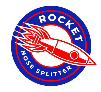 A circular logo features a blue outer ring and white inner background, with the text "370z Rocket Nose v2 Splitter ’08-20 Z34" encircling a red and white stylized rocket. The rocket, detailed in red with blue and white accents for optimal downforce, flies to the left under the brand name "9livesracing.