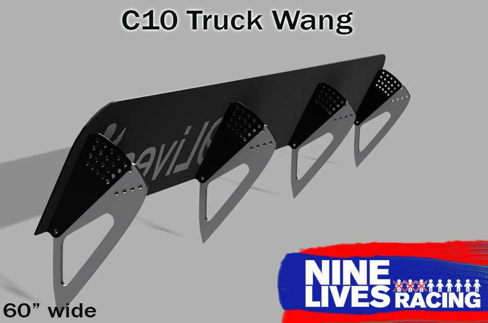 The image shows a black metal rear wing (spoiler) designed for a C10 truck, measuring 60 inches wide. Crafted from 6061 aluminum, it features four adjustable brackets and the 9livesracing logo in the bottom right corner. The text "C10 1967-72 Truck spoiler Kit" is displayed at the top, emphasizing its superior downforce capabilities.