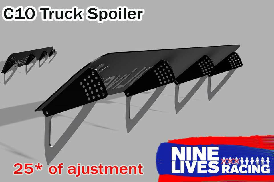 An image of a C10 1967-72 Truck Spoiler Kit, constructed from 6061 aluminum with a 25% adjustment range. The black spoiler features metal brackets and perforated side panels for optimal downforce. The text "C10 1967-72 Truck Spoiler Kit" and "25% of adjustment" is displayed, along with the logo "9livesracing" in the bottom right.