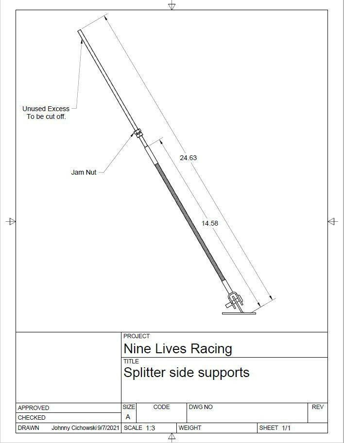 Technical drawing labeled "Nine Lives Racing" detailing the "Splitter Side Support." It shows a long, slender racecar accessory with dimensions marked (24.63 and 14.58 units). Notes indicate an "Unused Excess To be cut off" and a "Jam Nut." The lower section contains project and approval details.