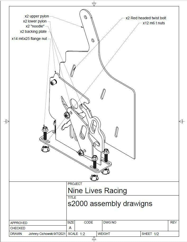 The technical drawing titled "S2000 Sturdy Boii Splitter Mounts" from 9livesracing illustrates the assembly of the Honda S2000 Splitter Mount. It includes various components such as upper and lower pylons, a backing plate, flange nuts, twist bolts, and radiator ducting along with their quantities and specifications. The drawing was created by Johnny Cichowski on 9/7/2021.