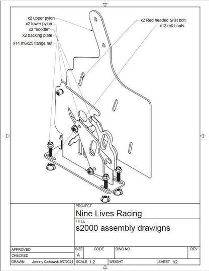 The technical drawing titled "S2000 Sturdy Boii Splitter Mounts" from 9livesracing illustrates the assembly of the Honda S2000 Splitter Mount. It includes various components such as upper and lower pylons, a backing plate, flange nuts, twist bolts, and radiator ducting along with their quantities and specifications. The drawing was created by Johnny Cichowski on 9/7/2021.