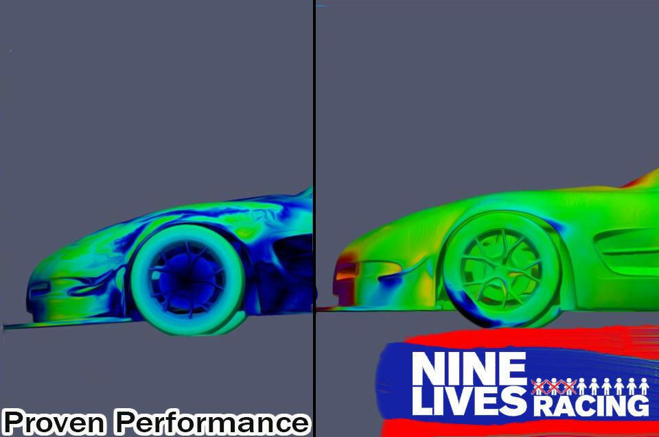 Side-by-side comparison image of aerodynamic simulations for a car, with color gradients showing airflow patterns. The left image shows the car's front wheel well and tire, while the right showcases improved front balance with a more streamlined design featuring C5 Corvette Car-nards. Text reads "Proven Performance" and "Nine Lives Racing.