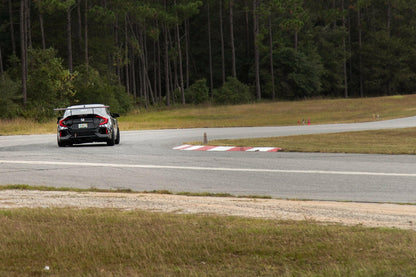 A black car with visible license plates and an imposing Civic Wang Kit 2017+ FC1 from 9livesracing takes a turn on a racetrack bordered by red and white curbs. The track is surrounded by grass with a dense forest in the background. Orange cones are visible further down the track.