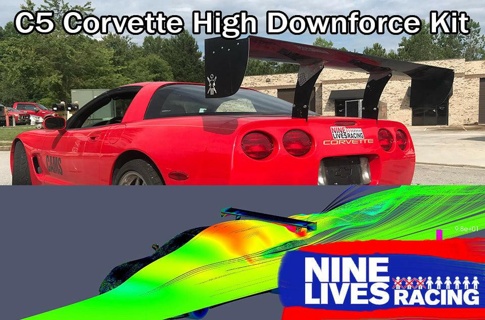 The image shows a red '97-04 C5 Corvette fitted with the Corvette High Downforce Carbon Kit by 9livesracing, featuring a large rear wing. The top part of the image depicts the car, while the bottom illustrates a colorful aerodynamic flow simulation from 9livesracing. Text reads "Corvette High Downforce Carbon Kit ‘97-04 C5 by 9livesracing.