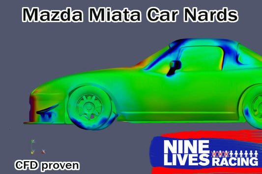 A stylized image of a Mazda Miata sports car with colorful aerodynamic flow patterns and front downforce canards displayed over it. The text reads "Mazda Miata CarNards for 90-05 air dams" at the top and "CFD proven" at the bottom. In the bottom right, there's a logo saying "Nine Lives Racing".