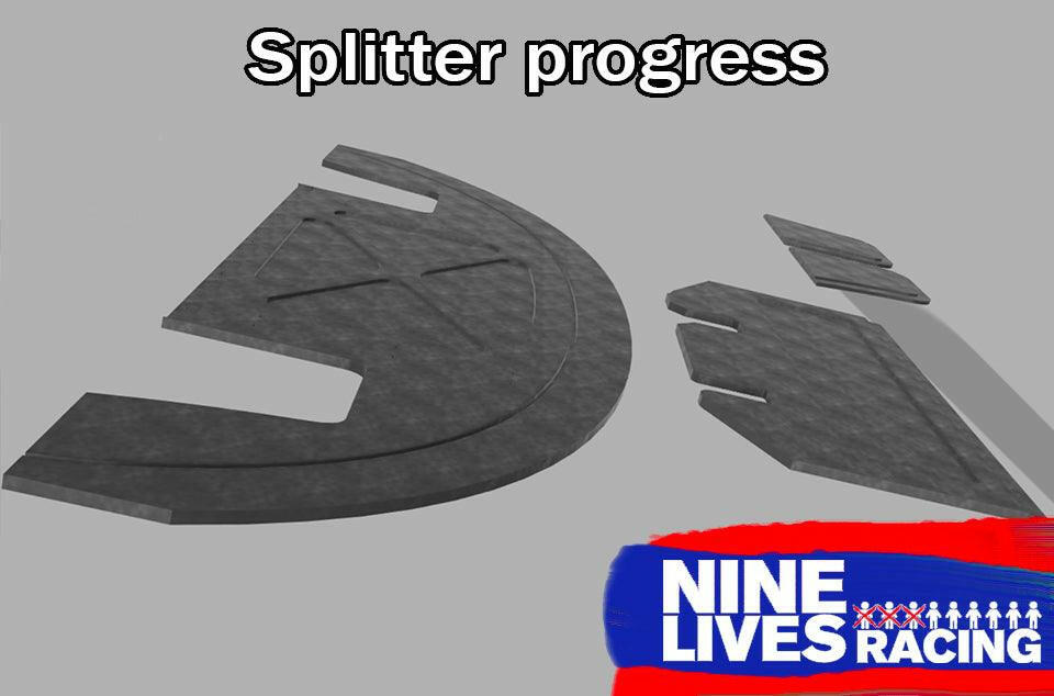 A graphic illustrating the assembly progress of a Miata Medium Downforce Kit '90-05 NA/NB for an NB Miata. The components are arranged on a flat surface: with a large curved piece to the left and two smaller pieces to the right. The text "Splitter Progress" is displayed at the top, and the 9livesracing logo is featured at the bottom.