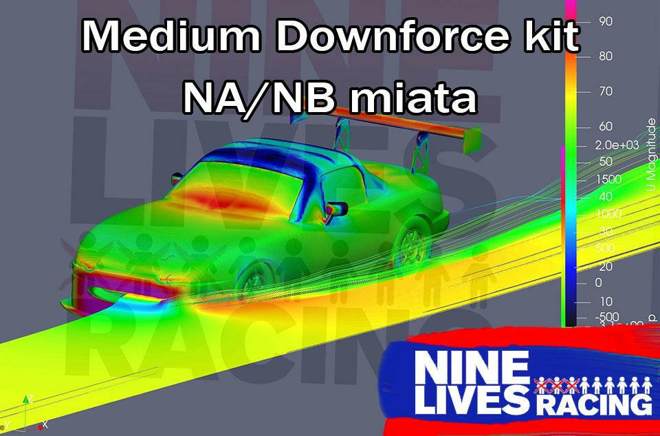 A digitally rendered image shows a Mazda NB Miata equipped with the Miata Medium Downforce Kit '90-05 NA/NB. The car is depicted with aerodynamic streamlines and a color gradient indicating airflow around it. Text reads "Miata Medium Downforce Kit '90-05 NA/NB," with the 9livesracing logo at the bottom.