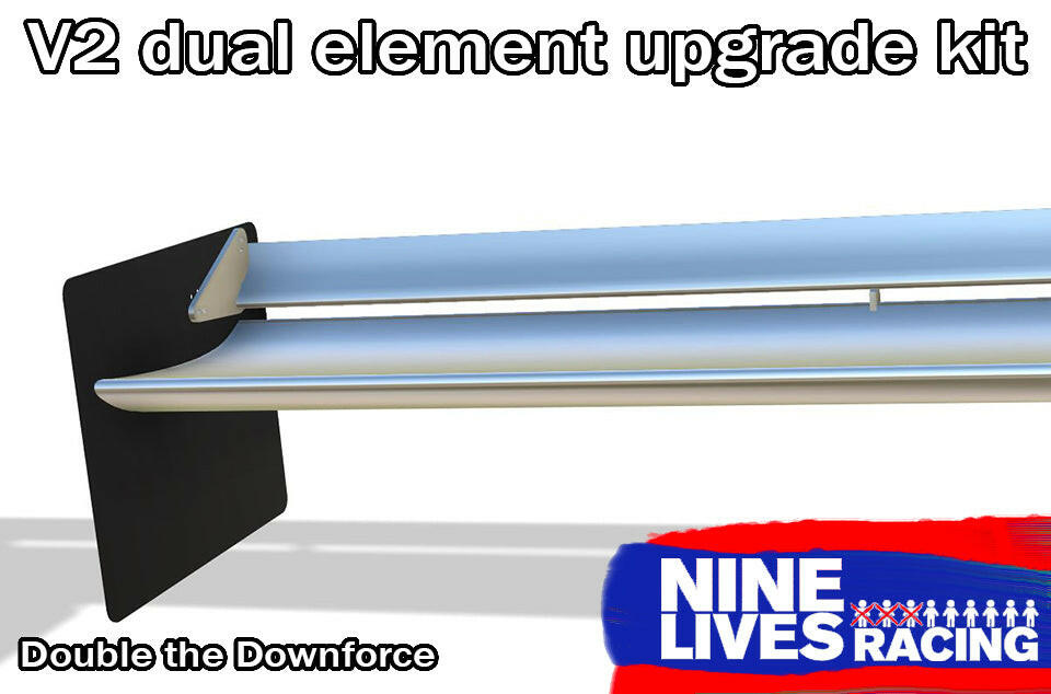 Image of The Deuce! Double Element Kit for a car. The image shows a close-up of the dual element wings with endplates on each side. The words "Double the Downforce" and the American-made "9livesracing" logo are displayed at the bottom, showcasing an easy-to-install kit.