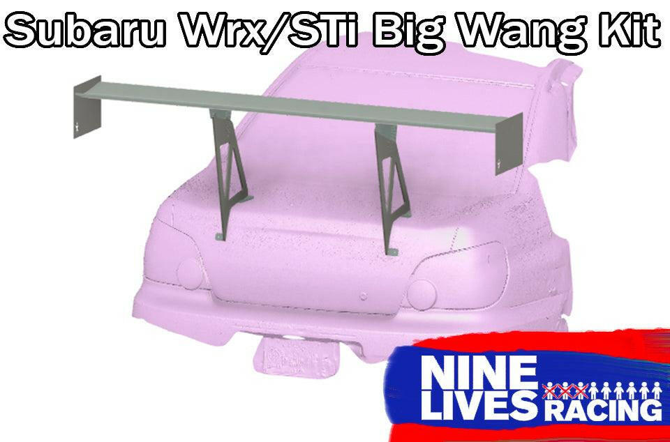 A digital rendering of a Subaru Impreza STI with the Big Wang kit installed on top, featuring a prominent rear wing and endplates.