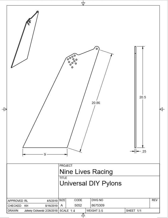 A technical drawing titled "Universal DIY Mounts - Pylons Only" from 9livesracing showcases detailed dimensions and specifications of a pylon design. The illustration, compatible with the 9livesracing mount kit, is labeled with measurements, scale, weight, and other engineering details to ensure precision.