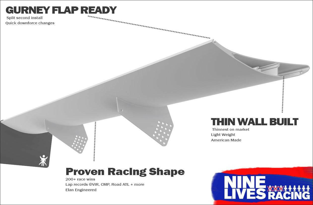 The diagram of the 370z Big Wang Kit '08-20 Z34 from 9livesracing highlights its extruded aluminum wings, Gurney flap, thin wall construction, and proven racing shape. It emphasizes quick down-force adjustments, being lightweight and American-made, accompanied by over 200 race wins and multiple lap records.