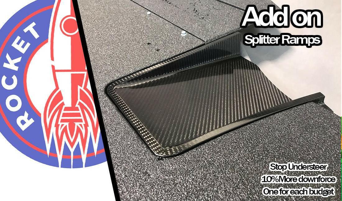 A promotional image features a carbon fiber splitter ramp on a vehicle surface. The 9livesracing logo appears on the left. On the right, text reads: "Add on Splitter Ramps. Stop Understeer. 10% More Downforce. One for each budget." S2000 Rocket Nose Splitter ’99-09.