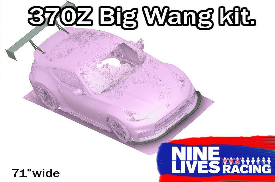 A 3D rendering of a Nissan 370Z equipped with a large rear wing and aerodynamic modifications. The text "370Z Big Wang Kit '08-20 Z34" is displayed at the top, "71” wide extruded aluminum wings" at the bottom left, and "9livesracing" with a logo at the bottom right.