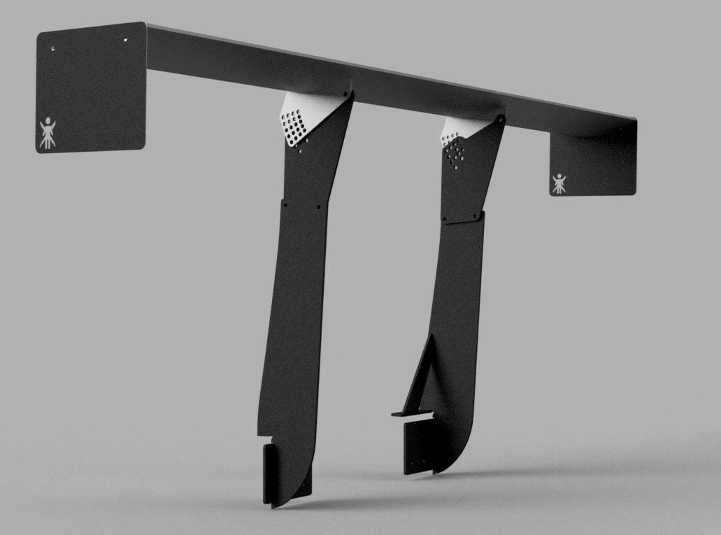 Introducing the Corvette Medium Downforce Kit ‘97-04 C5 by 9livesracing, a black, adjustable mount designed for monitors or screens. It features two vertical arms and a horizontally extended support beam with sleek, minimalist design elements inspired by the aerodynamic kit of the C5 Corvette. The mount is showcased on a neutral gray background.