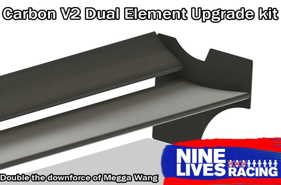 Image of The Deuce! Carbon Double Element Kit for car racing, showcasing two aerodynamic elements with a dark textured finish. Text on top reads "The Deuce! Carbon Double Element Kit" and "Double the downforce of Megga Wang." Logo reads "9livesracing." Maximize your downforce with these carbon wing enhancements.