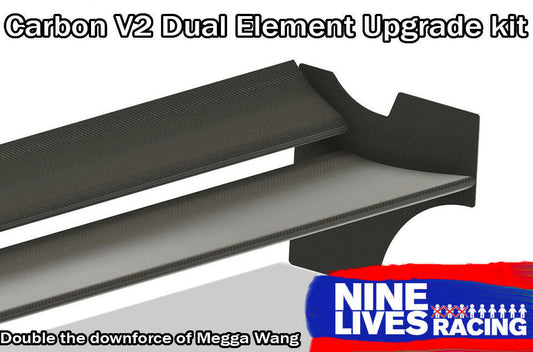 Image of The Deuce! Carbon Double Element Kit for car racing, showcasing two aerodynamic elements with a dark textured finish. Text on top reads "The Deuce! Carbon Double Element Kit" and "Double the downforce of Megga Wang." Logo reads "9livesracing." Maximize your downforce with these carbon wing enhancements.