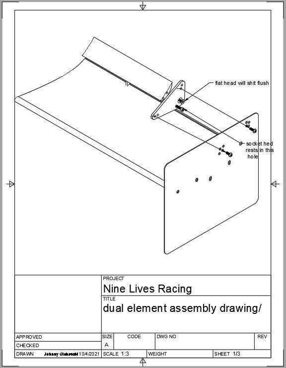 Engineering drawing of a dual element wing assembly for Nine Lives Racing. The Deuce! Double Element Kit includes detailed views of the American-made components and hardware, such as fasteners and end plates, with labels indicating features like "fat head will sit flush" and "socket head rests in this hole." Produced by 9livesracing.