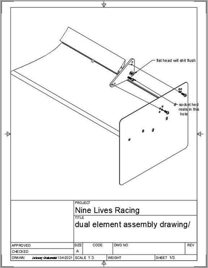 Engineering drawing of a dual element wing assembly for Nine Lives Racing. The Deuce! Double Element Kit includes detailed views of the American-made components and hardware, such as fasteners and end plates, with labels indicating features like "fat head will sit flush" and "socket head rests in this hole." Produced by 9livesracing.