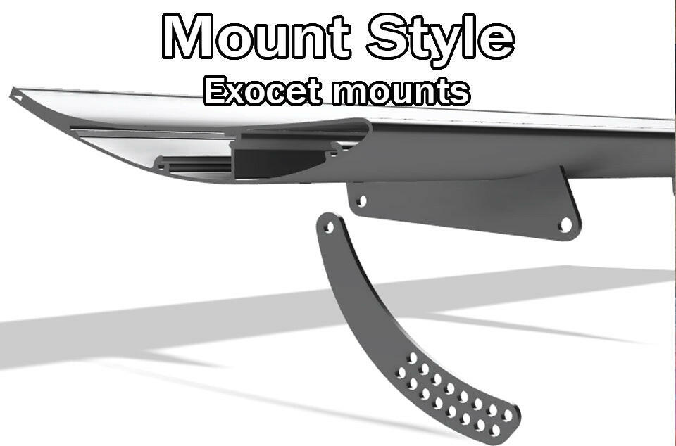 A digital rendering of The Builder's Big Wáng - Spec Your Own Size setup by 9livesracing. The setup includes a sleek, curved metal bracket and a perforated mounting plate designed for secure attachment. This Big Wang GT3 performance setup is labeled "Mount Style: Exocet mounts" in bold black text.