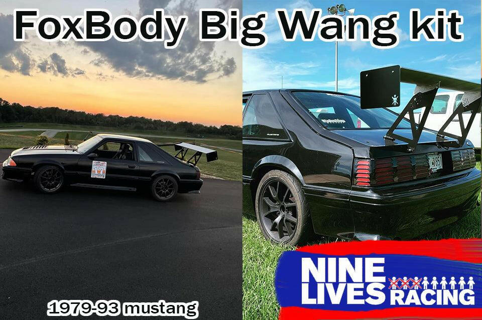 Two images of a black 1979-93 Ford Mustang with a large rear wing, taken at a racetrack. The left image shows the car from a side angle, while the right image shows the rear view. Text reads "Mustang Big Wang Kit '79-'93 Fox body" and "9livesracing". This setup optimizes downforce and improves lift-drag ratio.