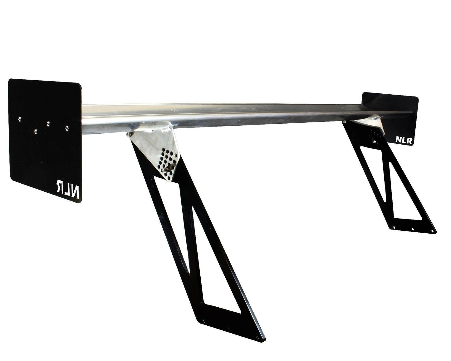 A black and silver car spoiler with angular supports and rectangular endplates bearing the acronym "NLR." The Miata Medium Downforce Kit '90-05 NA/NB by 9livesracing features a sleek, aerodynamic design appropriate for high-performance vehicles like the NB Miata.