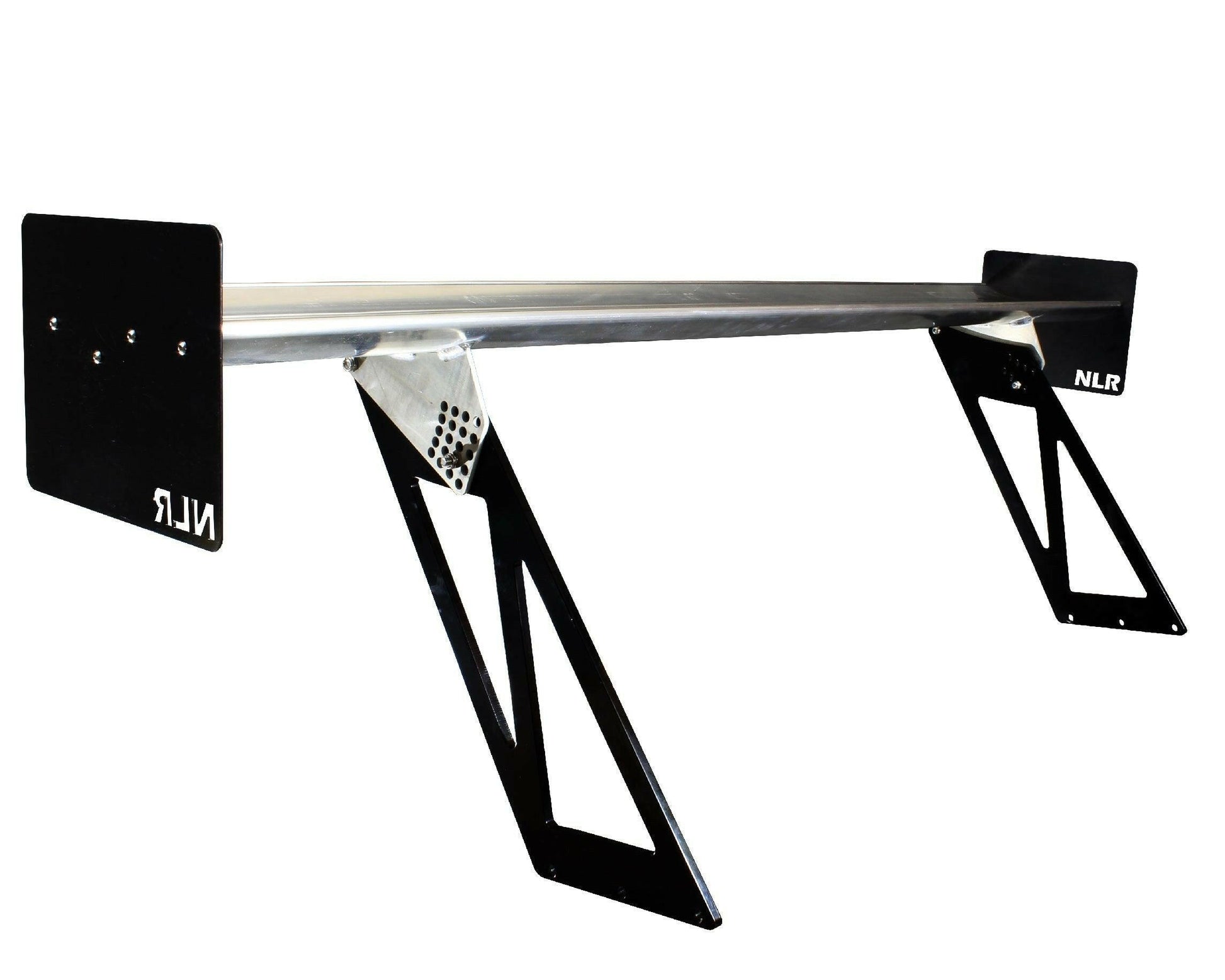 A black and silver car spoiler with angular supports and rectangular endplates bearing the acronym "NLR." The Miata Medium Downforce Kit '90-05 NA/NB by 9livesracing features a sleek, aerodynamic design appropriate for high-performance vehicles like the NB Miata.
