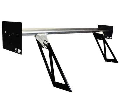 A black and silver car spoiler with angular supports and rectangular endplates bearing the acronym "NLR." The Miata Medium Downforce Kit '90-05 NA/NB by 9livesracing features a sleek, aerodynamic design appropriate for high-performance vehicles like the NB Miata.