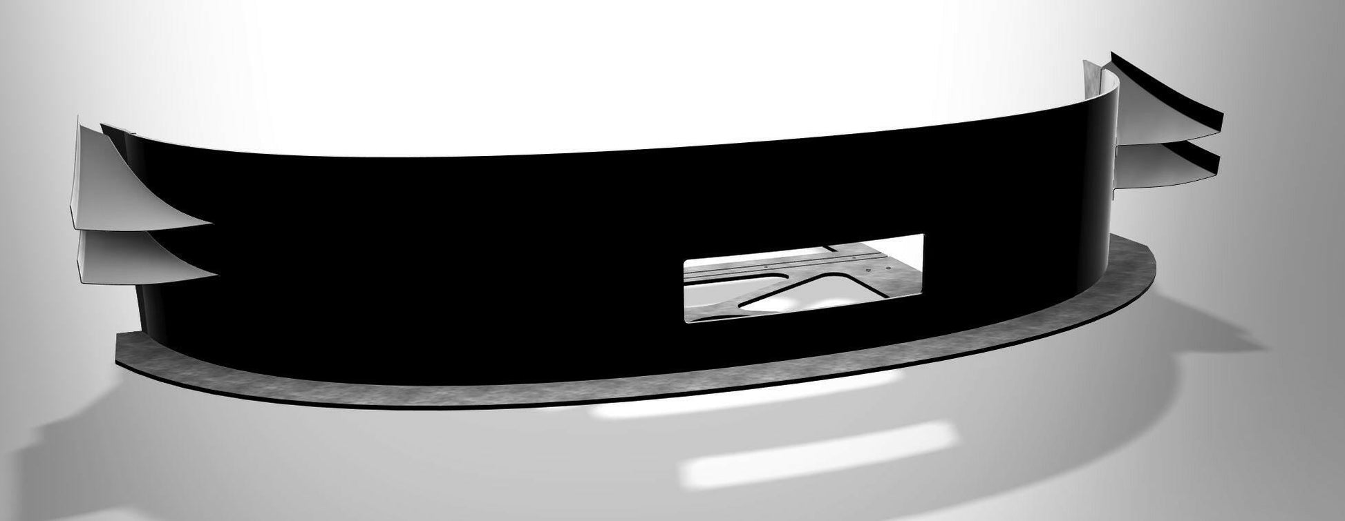 A minimalistic architectural design featuring the Nine Lives Racing Mazda Miata CarNards for 90-05 air dams, exhibiting a sleek black curved structure with side extensions and a central rectangular opening, reminiscent of the streamlined aerodynamics of a Mazda Miata. Set against a gradient white to grey background, the structure casts shadows on the grey floor beneath it.