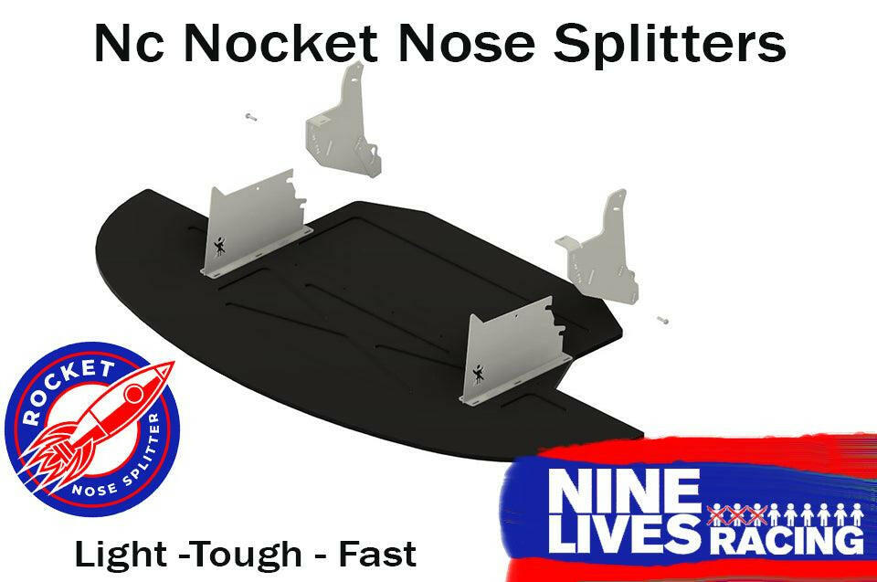 A product image showcasing a Mazda MX5 Nose Splitter for models 2006-2015. The splitter is black with silver brackets, made from CNC cut organic composite material. The top of the image reads "Nc Nocket Nose Splitters." The logos displayed include a red "Rocket Nose V2 Splitter" and a blue "9livesracing." The bottom of the image states, "Light - Tough - Fast.