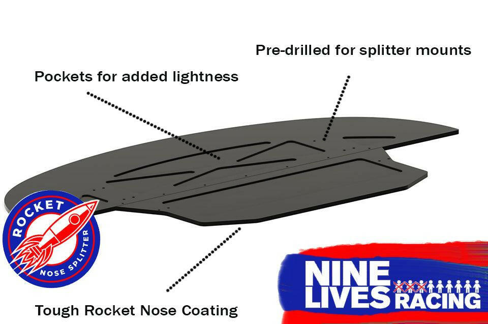 A detailed image showcasing a Mazda MX5 Splitter (06-15 NC) in black, with clearly labeled features such as "Pockets for added lightness," "Pre-drilled for splitter mounts," and "Tough Rocket Nose V2 Coating." Made from an organic composite material and CNC cut, the image also highlights the "Rocket Nose Splitter" logo and the 9livesracing branding.