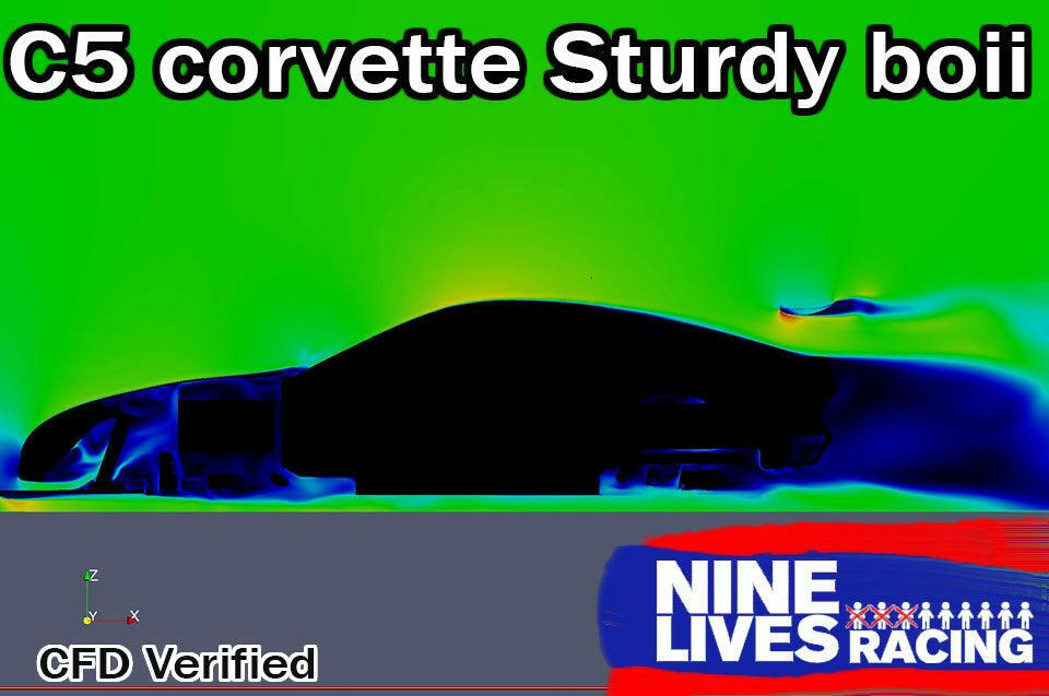 A thermal image displays the silhouette of a C5 Corvette with the text "Corvette Sturdy Boii Splitter Mounts ‘97-04 C5" at the top. A "CFD Verified" label, accompanied by a small 3D coordinate axis highlighting its downforce, is located in the bottom-left corner. The bottom-right corner shows the “9livesracing” logo along with Corvette splitter mounts.