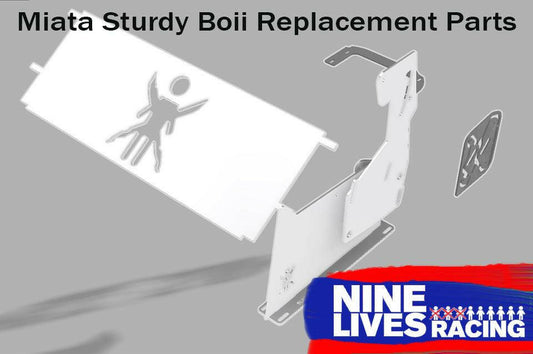 A display of Miata Sturdy Boii Replacement Parts - NA/NB is shown, including aluminum wings, rendered in white and positioned in an exploded view. The image features the "9livesracing" logo at the bottom right corner, which has a blue background with silhouettes of people.