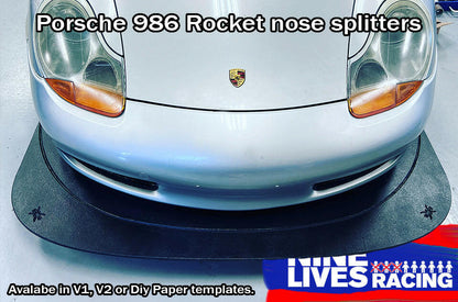 Front-end of a Porsche Boxster 986 featuring a black splitter attached to the bumper, with the logo of Nine Lives Racing.