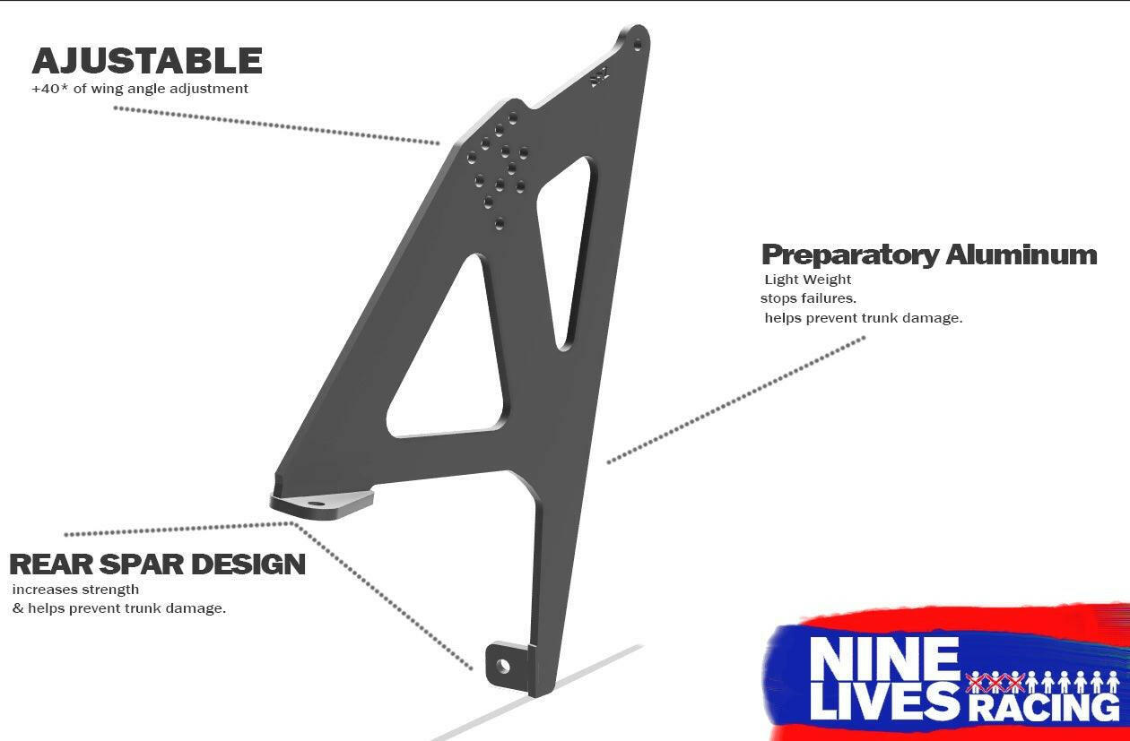 Technical illustration of the BMW E36 Mounts/Pylons Only by 9livesracing. The image highlights features such as 40 degrees of wing angle adjustment, lightweight preparatory aluminum hardware, and a rear spar design for increased strength and trunk damage prevention.