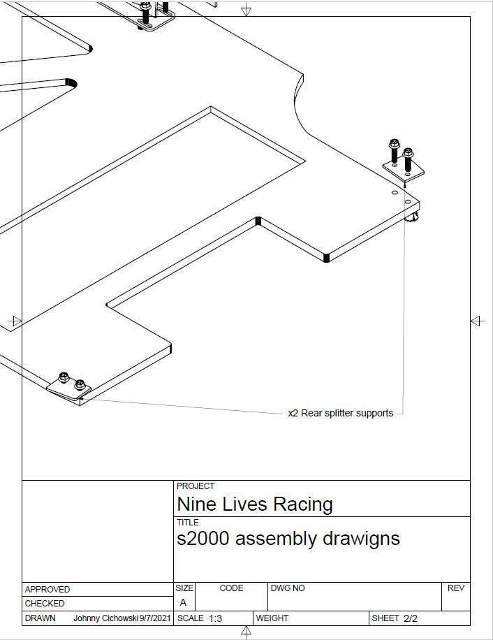 Technical drawing titled "S2000 Sturdy Boii Splitter Mounts" from 9livesracing, dated 9/7/2021 and drawn by Johnny Cichowski. It illustrates the design and placement for two rear splitter supports aimed at optimizing downforce. Scale is 1:3, shown on sheet 2/2.