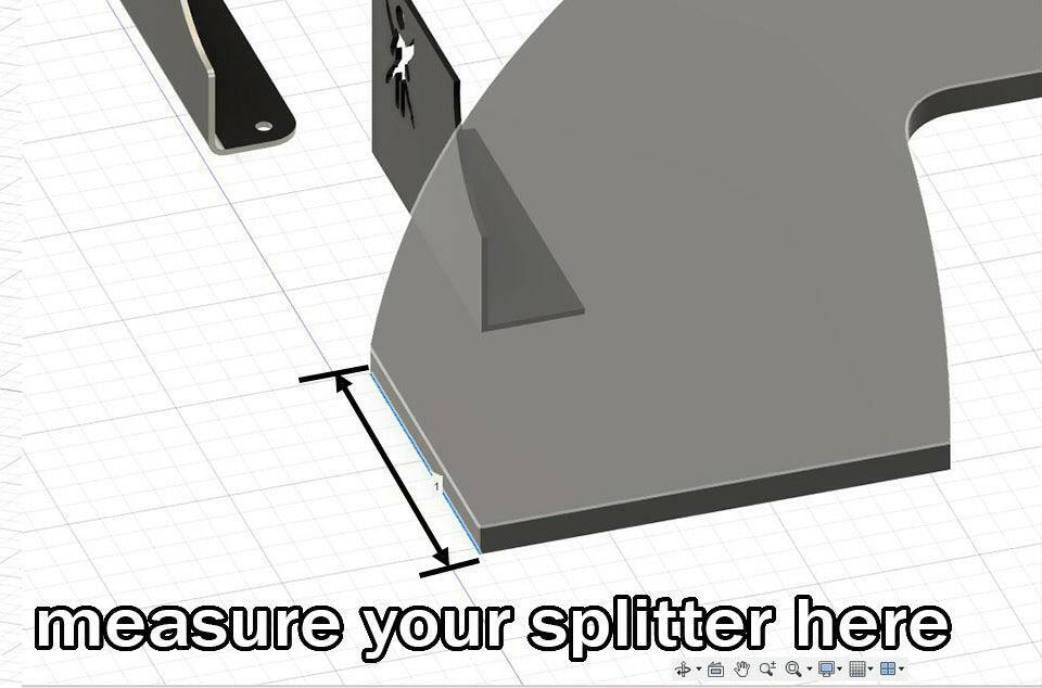 A 3D model design showing a close-up of the corner of Nine Lives Racing's Splitter End Plates AKA Spill Boards, with measurement lines indicating where to measure. The text "measure your splitter here" is overlaid at the bottom.