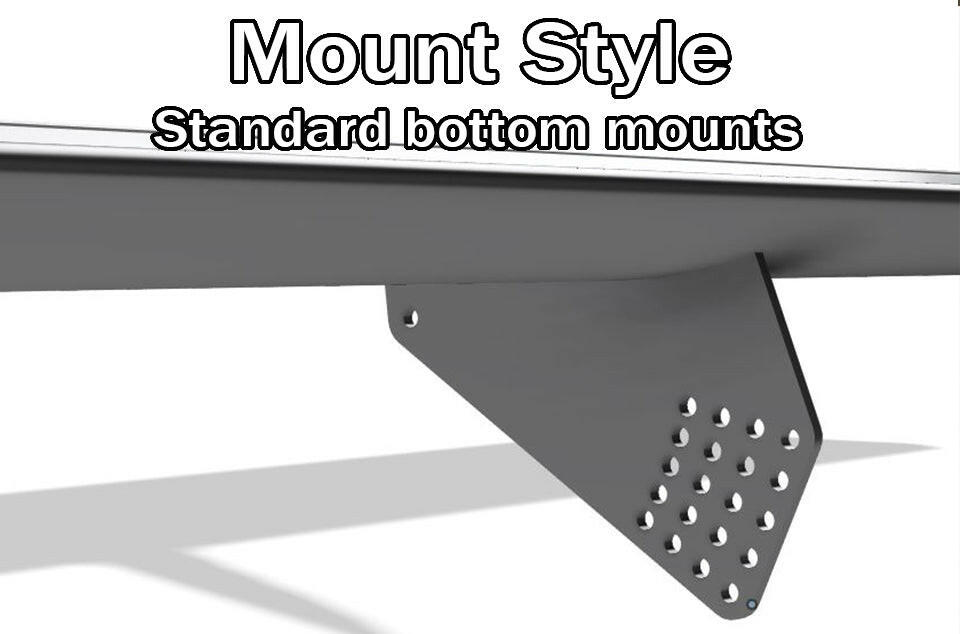 Diagram illustrating a metal mounting bracket attached to the underside of a board or shelf. The bracket includes several holes for screws. Text above the bracket reads "Mount Style" and "Standard bottom mounts," which stress downforce adjustments for enhanced stability. Product showcased: The Builder's Big Wáng - Spec Your Own Size, by 9livesracing.