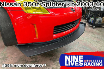 Front end of a red Nissan 350z with a 9 lives racing black splitter kit installed below the bumper.