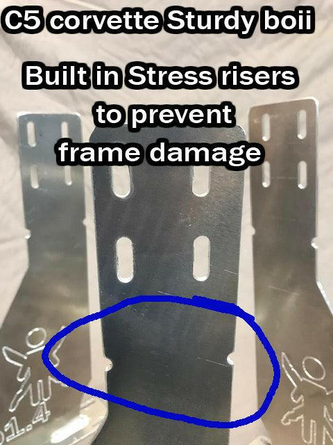 Close-up image of metal brackets with cutouts, showcasing a specific design for stress risers to prevent frame damage typically found in a C5 Corvette. The text overlay reads: "9livesracing Corvette Sturdy Boii Splitter Mounts ‘97-04 C5 with Built-in Stress Risers and Downforce-Proven Design to Prevent Frame Damage.