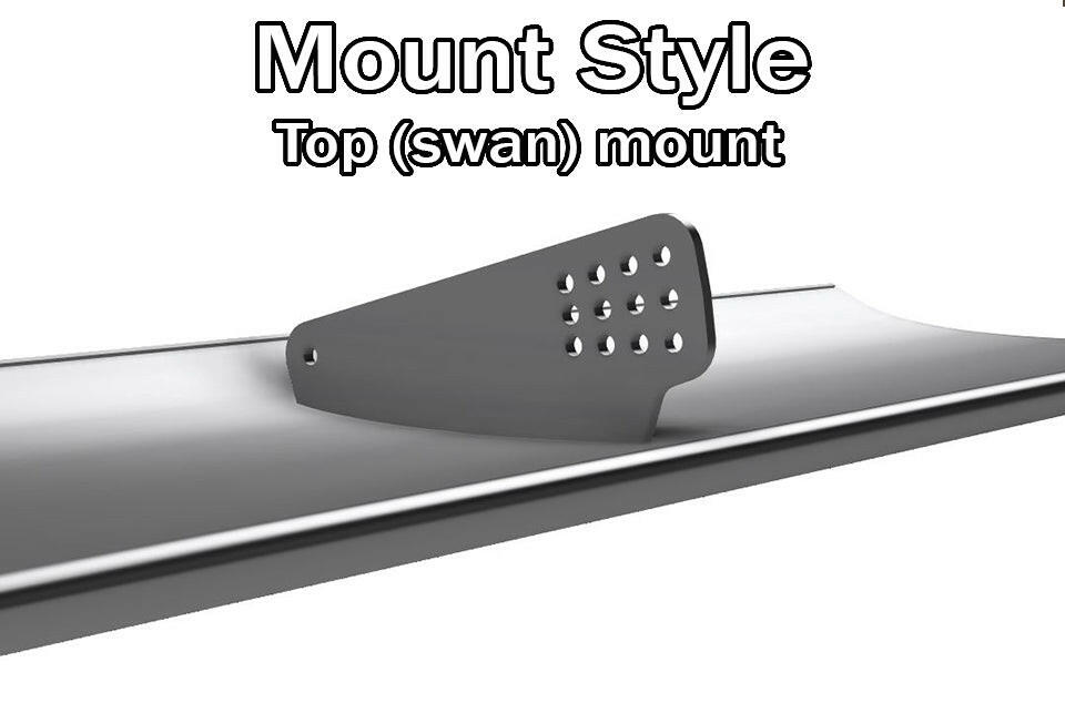 A digital illustration of a mounting bracket labeled "Mount Style: Top (swan) mount" by 9livesracing. Positioned on a flat, horizontal surface, it features multiple circular holes and delivers a 15.2:1 lift to drag ratio - perfect for The Builder's Big Wáng - Spec Your Own Size GT3 performance enhancements.