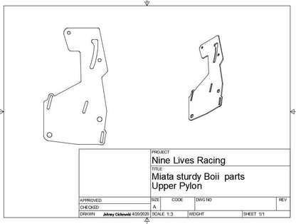 A technical drawing labeled "9livesracing" showcasing Miata replacement parts titled "Miata Sturdy Boii Replacement Parts - NA/NB." The sheet provides details such as approval, checking, and drawing dates. These parts are ideal for those seeking powder coat upgrades or aluminum wings and feature several holes and cuts for attachment and functionality.