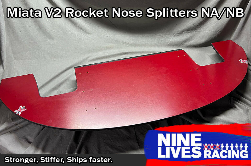 A red Mazda Miata Splitter (1990-05 NA/NB) by 9livesracing is displayed against a grey backdrop. The product features a curved design with mounting holes, enhancing downforce. The Nine Lives Racing logo and the text "Stronger, Stiffer, Ships faster" are shown at the bottom of the image.