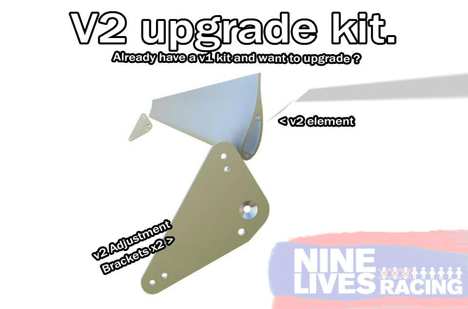 Advertisement image featuring "The Deuce! Double Element Kit" from 9livesracing. The image displays an easy-to-install double element and two adjustment brackets. The text reads, "The Deuce! Double Element Kit. Already have a V1 kit and want to upgrade? Proudly American-made for superior performance.