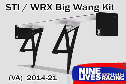 A promotional image featuring the Subaru Impreza / WRX / STI Big Wang kit 14-21 VA by 9livesracing. The image showcases a sizable aluminum wing designed for Subaru Impreza / WRX / STI vehicles from 2014 to 2021, with the text "Subaru Impreza / WRX / STI Big Wang kit" and "9livesracing" on a blue and red background.
